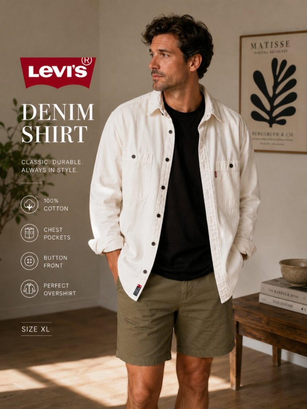 Levi's XL White Denim Button-Up Shirt Overshirt 100% Cotton Red Tab Men's